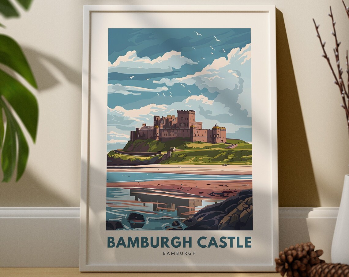 Bamburgh Castle England Travel Poster Coastal Fortress Seaside Artwork
