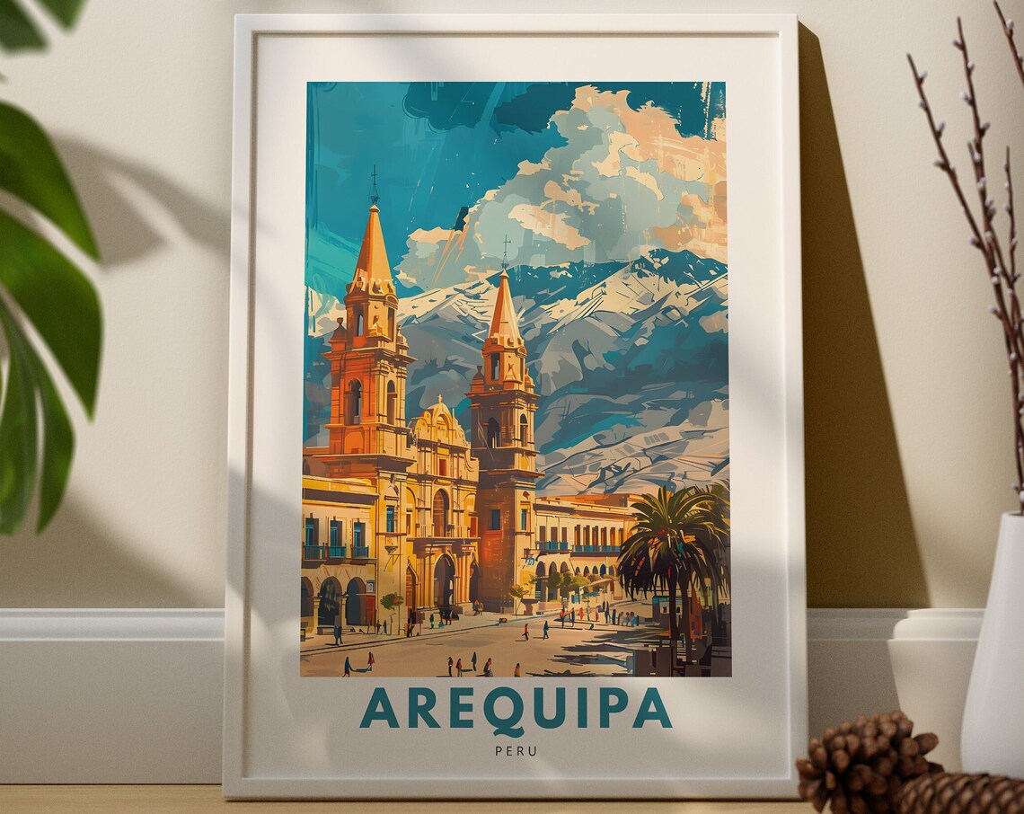 Golden Arequipa Peru Cathedral Twin Towers Mountain Travel Poster