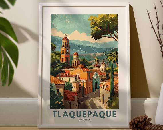 Beautiful Tlaquepaque Mexico Vintage Travel Poster Colonial Art