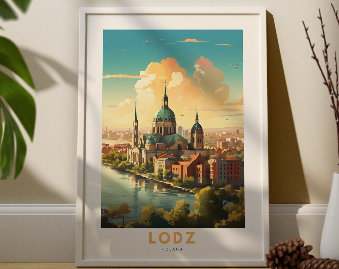 Lodz Poland Cathedral Green Dome Sunset River Vintage Travel Poster