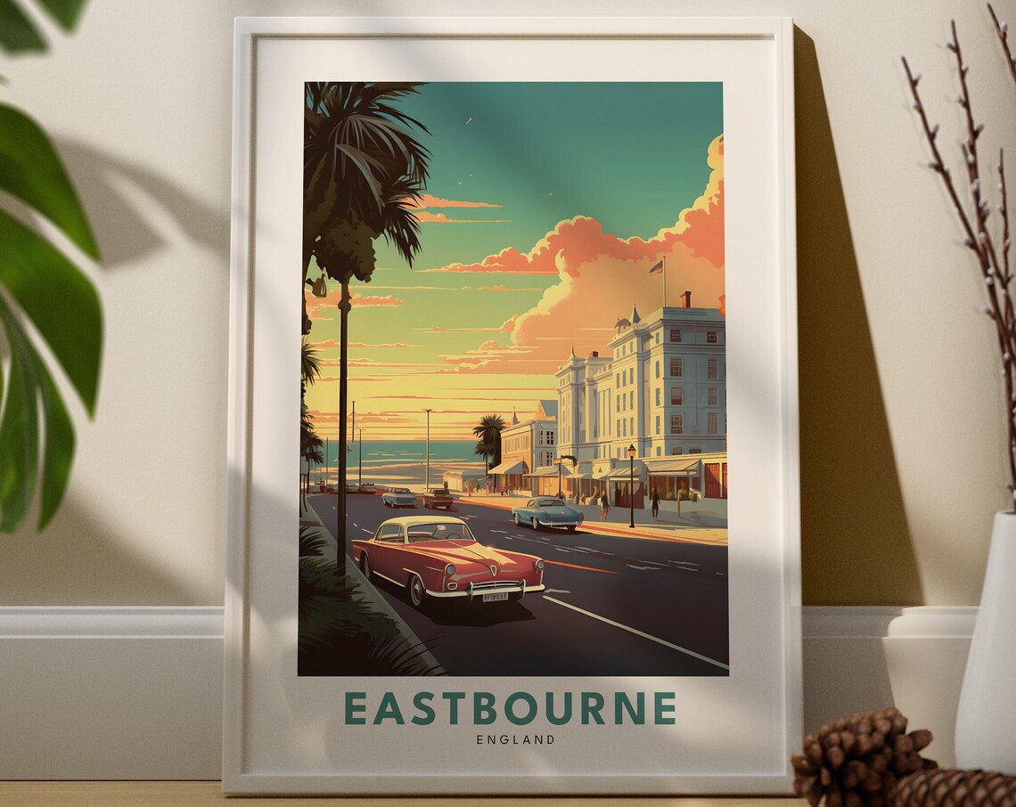 Eastbourne England Travel Poster Vintage Seafront Classic Cars Scene