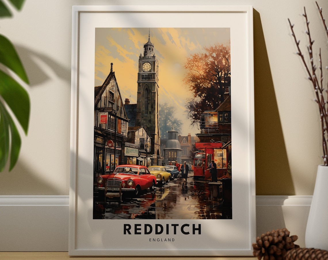 Redditch England Rainy Street Vintage Cars Retro Travel Poster