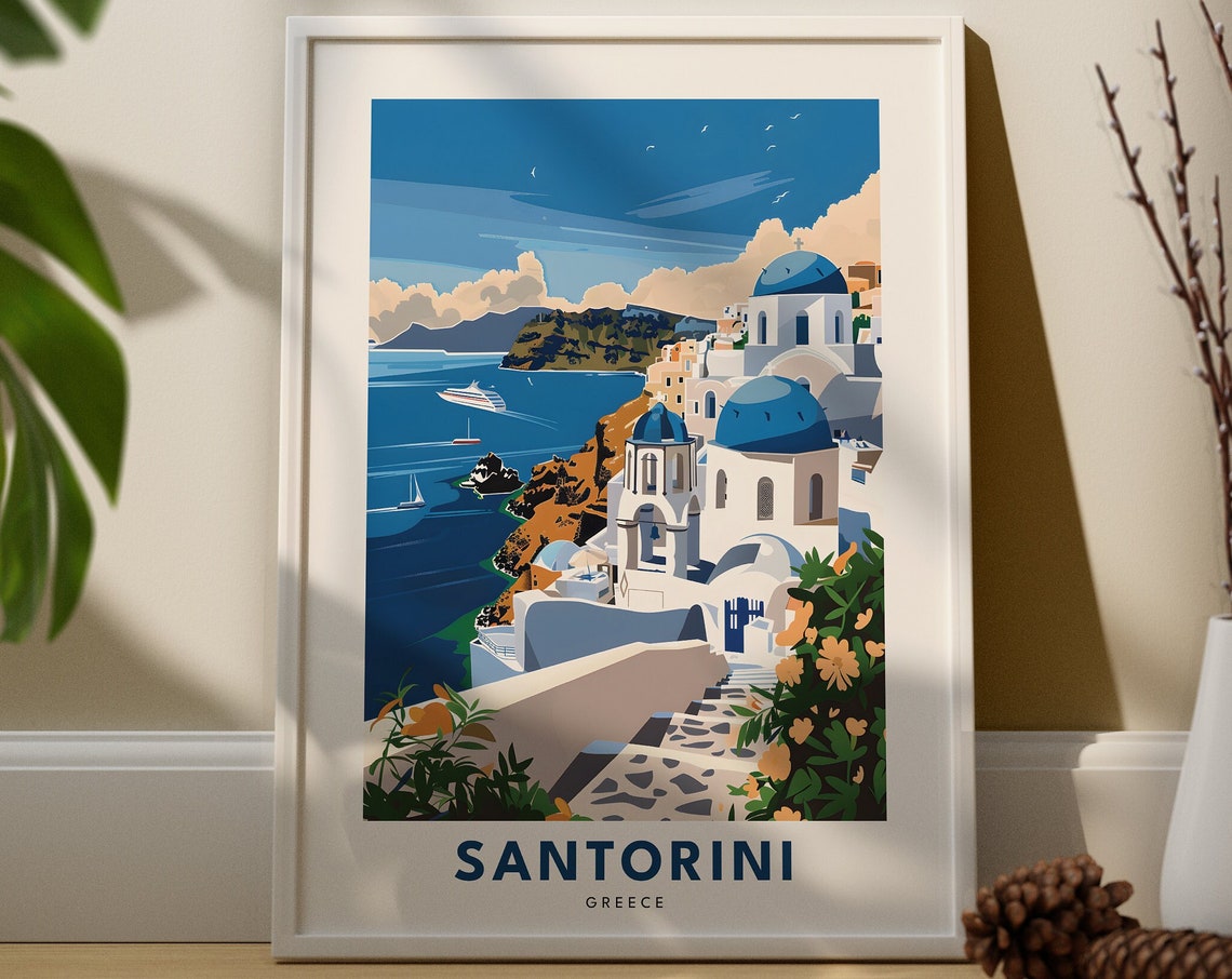 Santorini Greece Blue Domes Oia Caldera Aegean Vintage Travel Poster