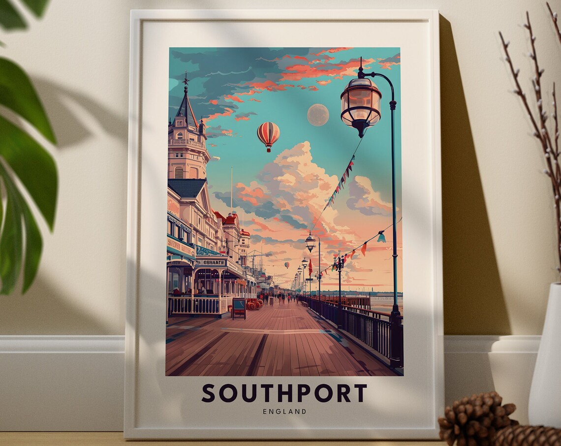 Southport England Victorian Pier Sunset Hot Air Balloon Travel Poster