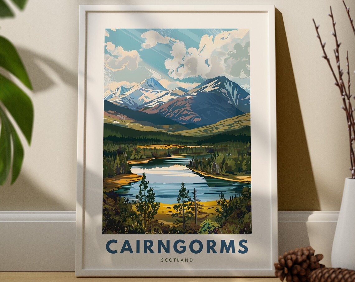 Cairngorms Scotland Mountain Lake Vintage Travel Illustration Poster