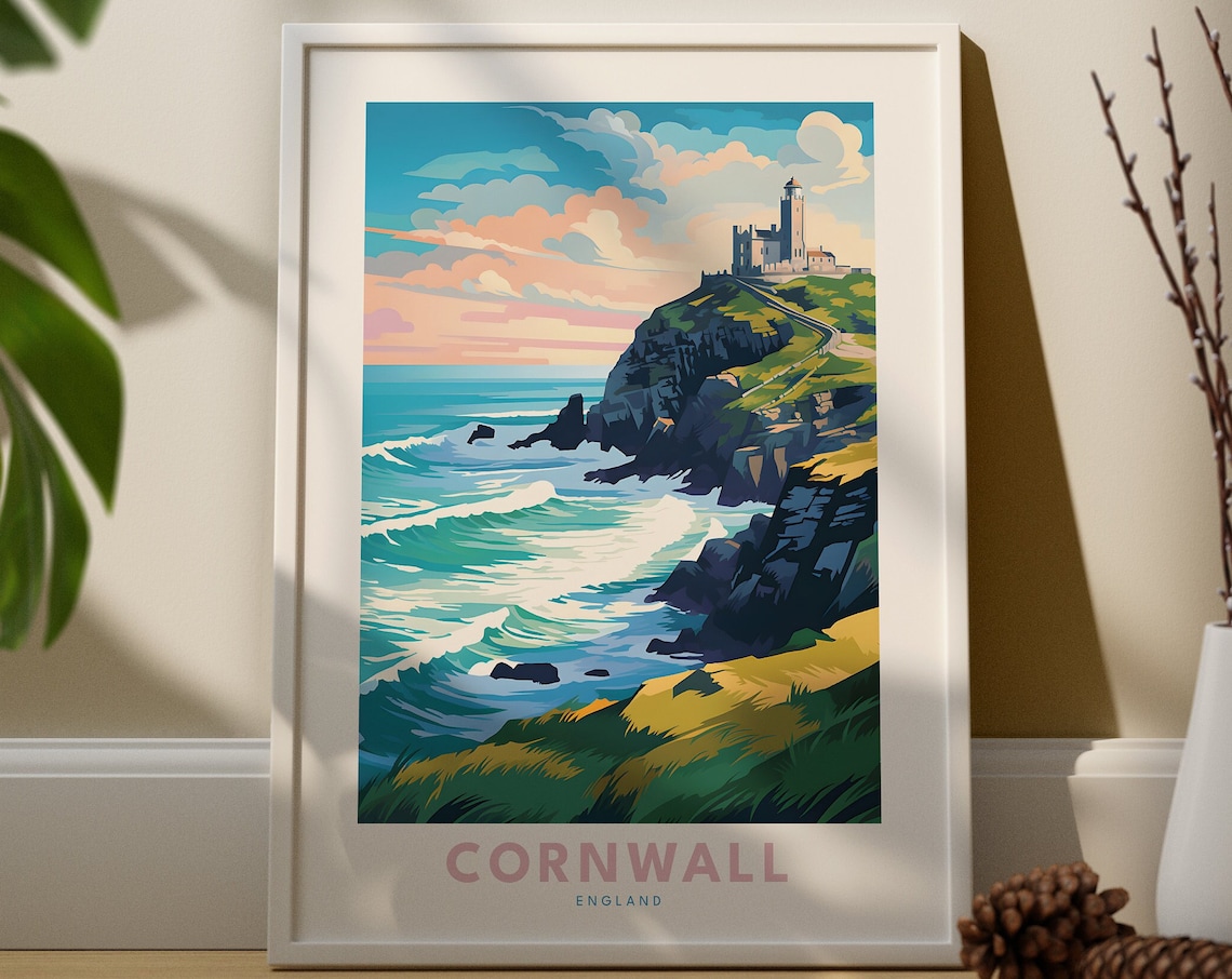 Cornwall England Coastal Cliffs Lighthouse Sunset Ocean Waves Travel Poster