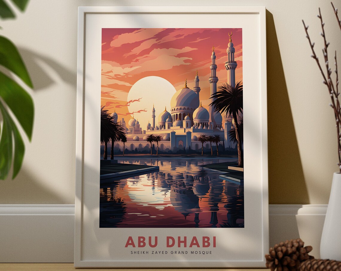 Abu Dhabi Travel Poster Sheikh Zayed Grand Mosque Sunset Reflection Art