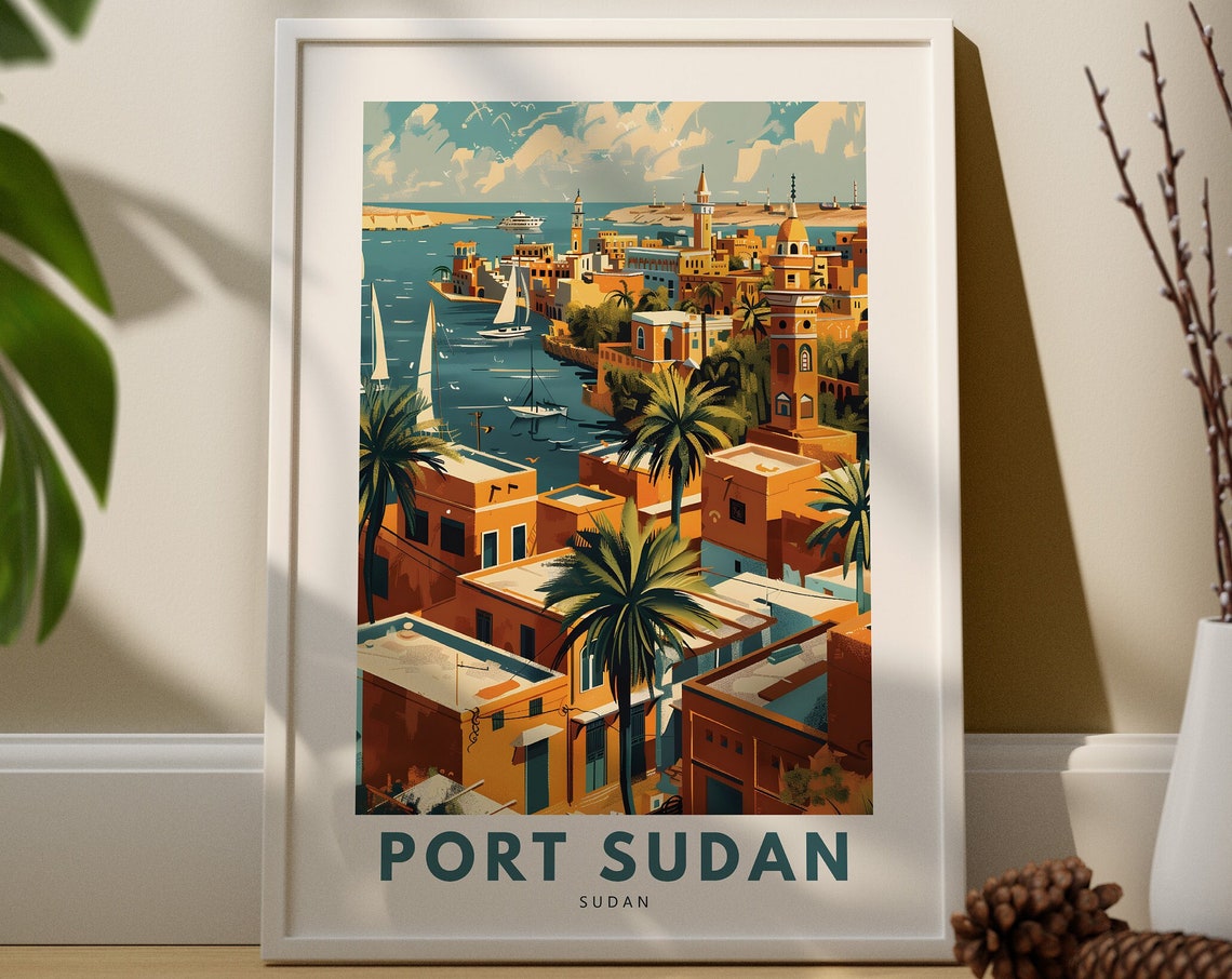 Port Sudan Red Sea Harbor Sailboats Palm Trees City Travel Poster
