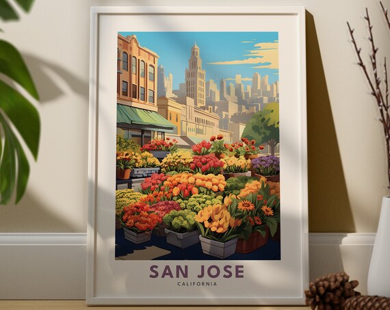 San Jose California Flower Market Skyline Vintage Travel Poster