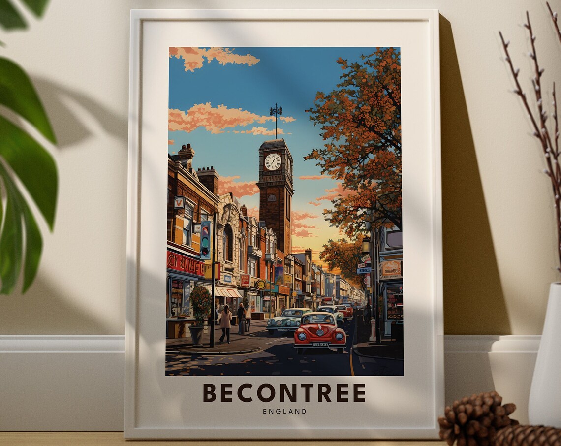Becontree England Clock Tower Autumn Street Classic Cars Travel Poster