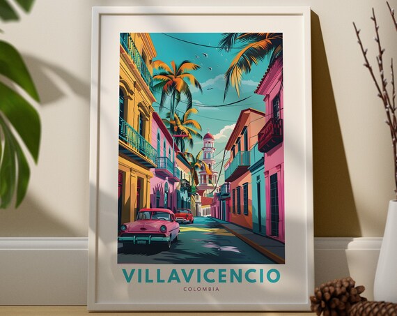 Villavicencio Colombia Colorful Street Pink Classic Car Travel Poster