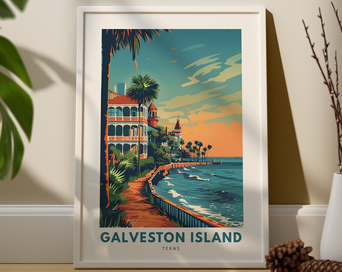 Galveston Island Texas Sunset Palm Seawall Retro Travel Poster