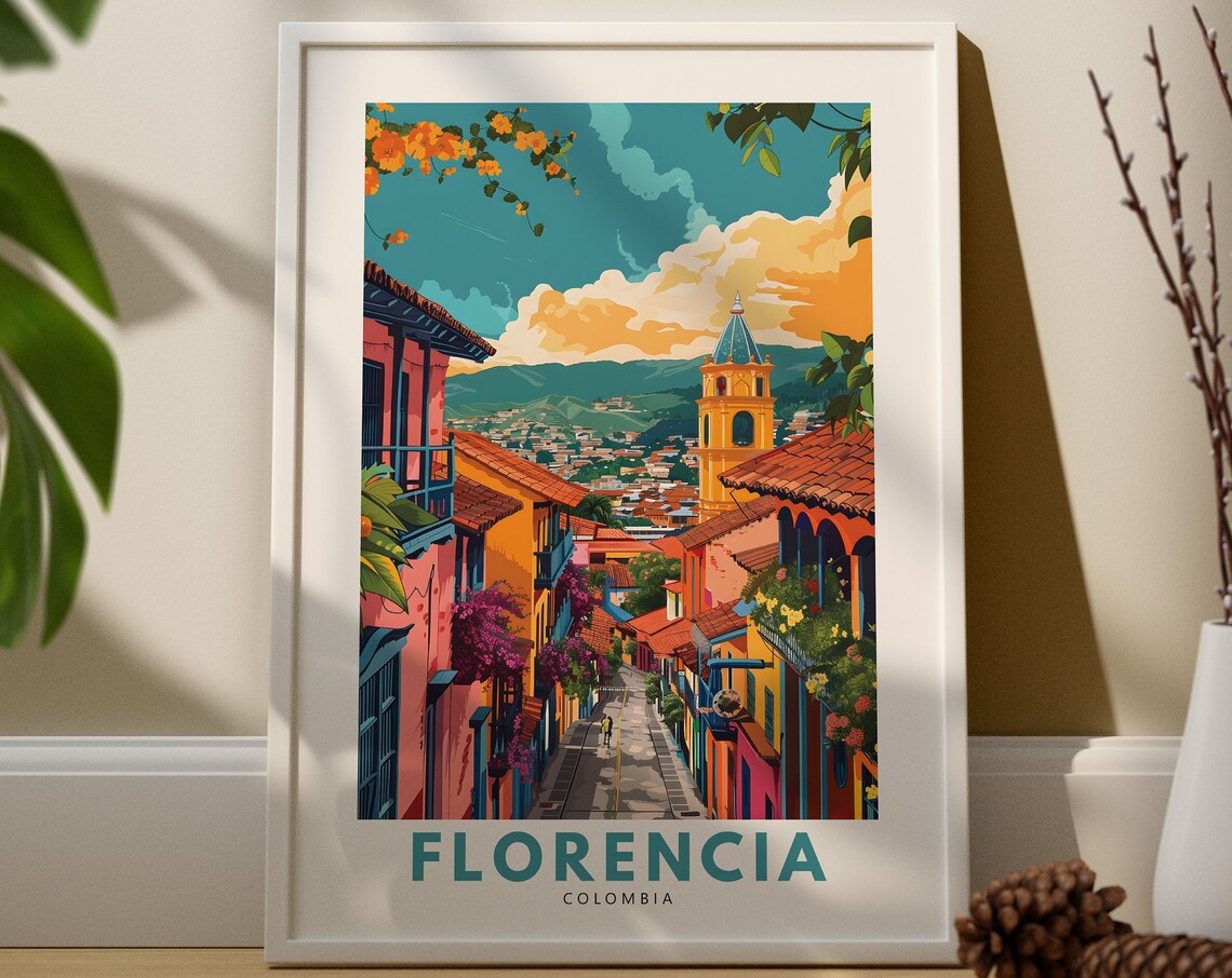 Florencia Colombia Travel Poster Colonial Street Church Flowers View