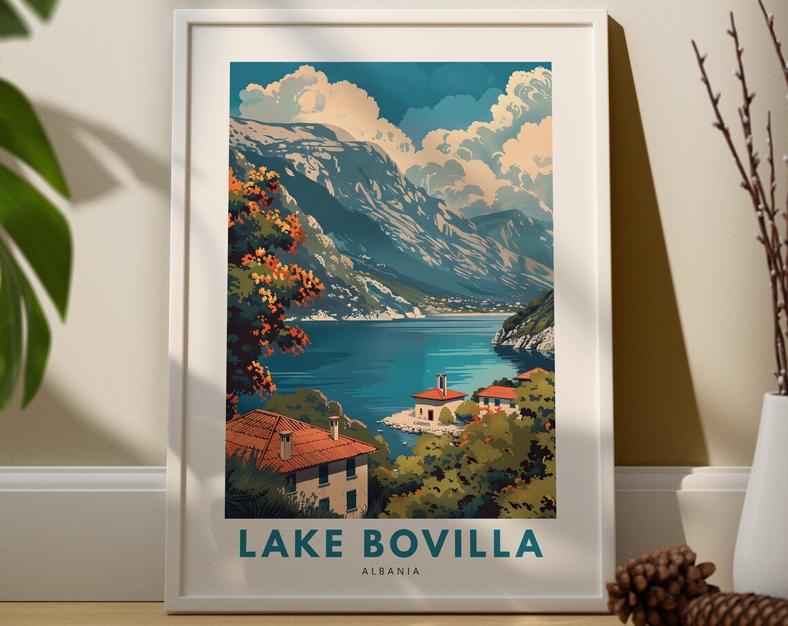 Lake Bovilla Albania Vintage Travel Poster Turquoise Lake Mountains Art