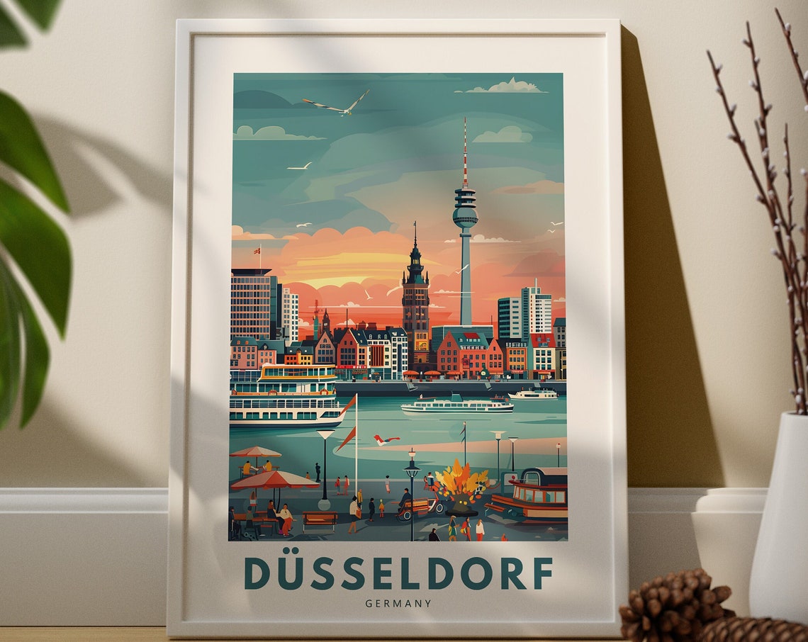 Düsseldorf Germany Rhine Promenade Tower Sunset Travel Poster