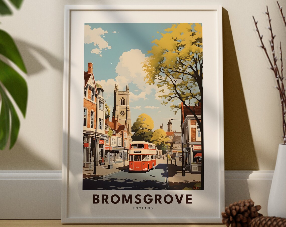 Bromsgrove England Vintage Travel Poster Red Double Decker Bus Street Scene