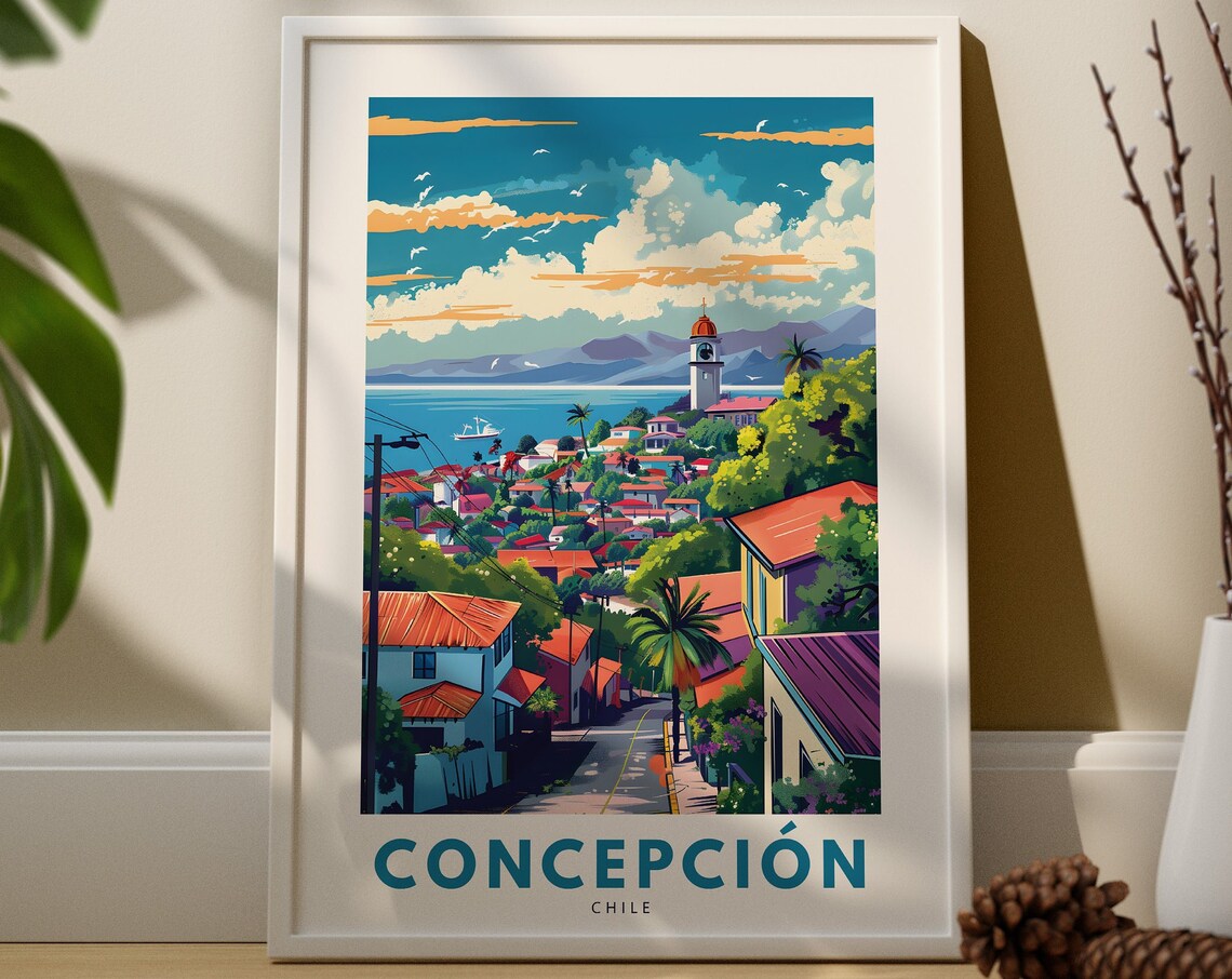 Concepción Chile Coastal City Church Tower Colorful Travel Poster