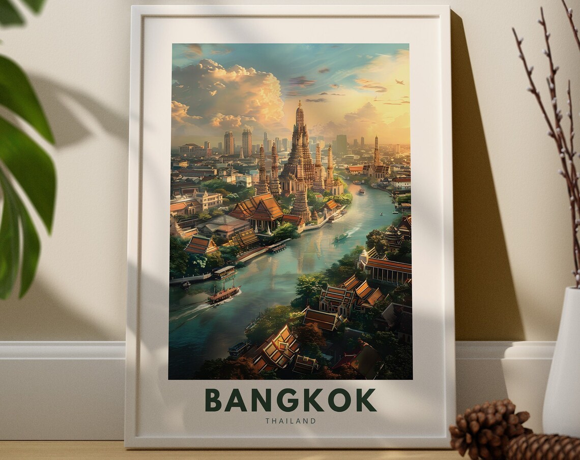 Bangkok Thailand Riverside Temple Travel Poster Golden Sunset Cityscape