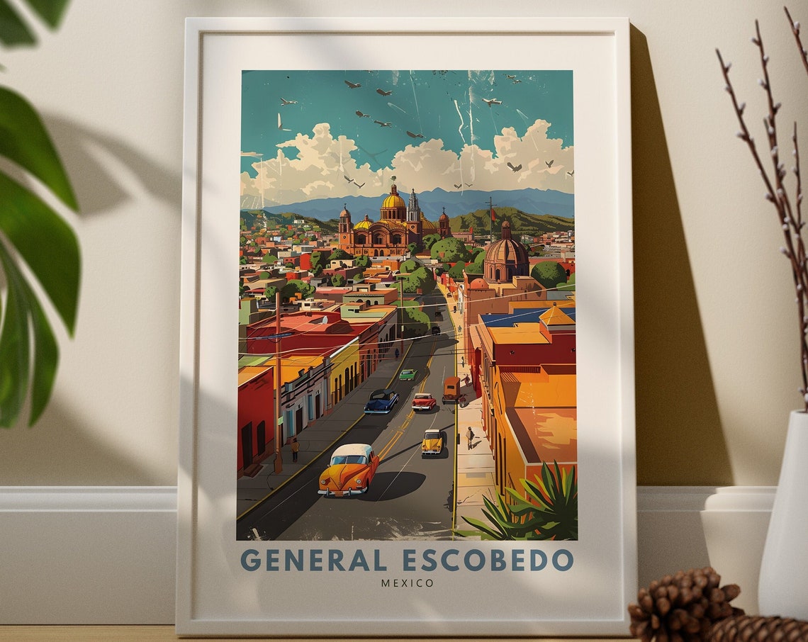 General Escobedo Mexico Retro Cityscape Vintage Travel Poster