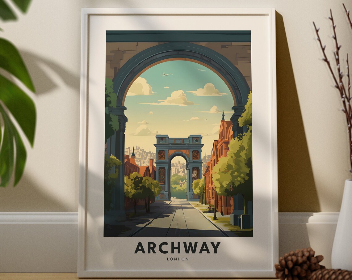 Archway London Travel Poster Historic Stone Arches City Street Scene