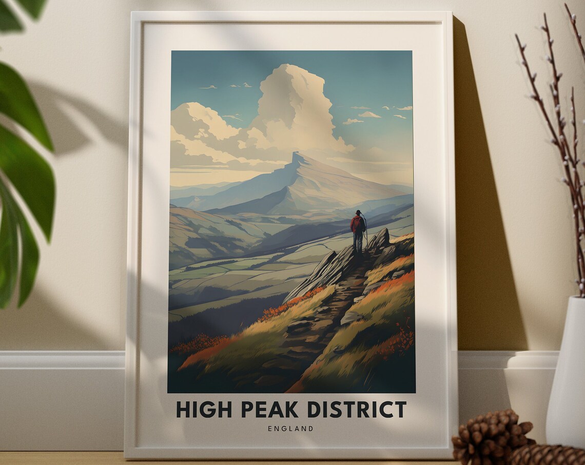High Peak District England Hiker Ridge Summit Vintage Travel Poster
