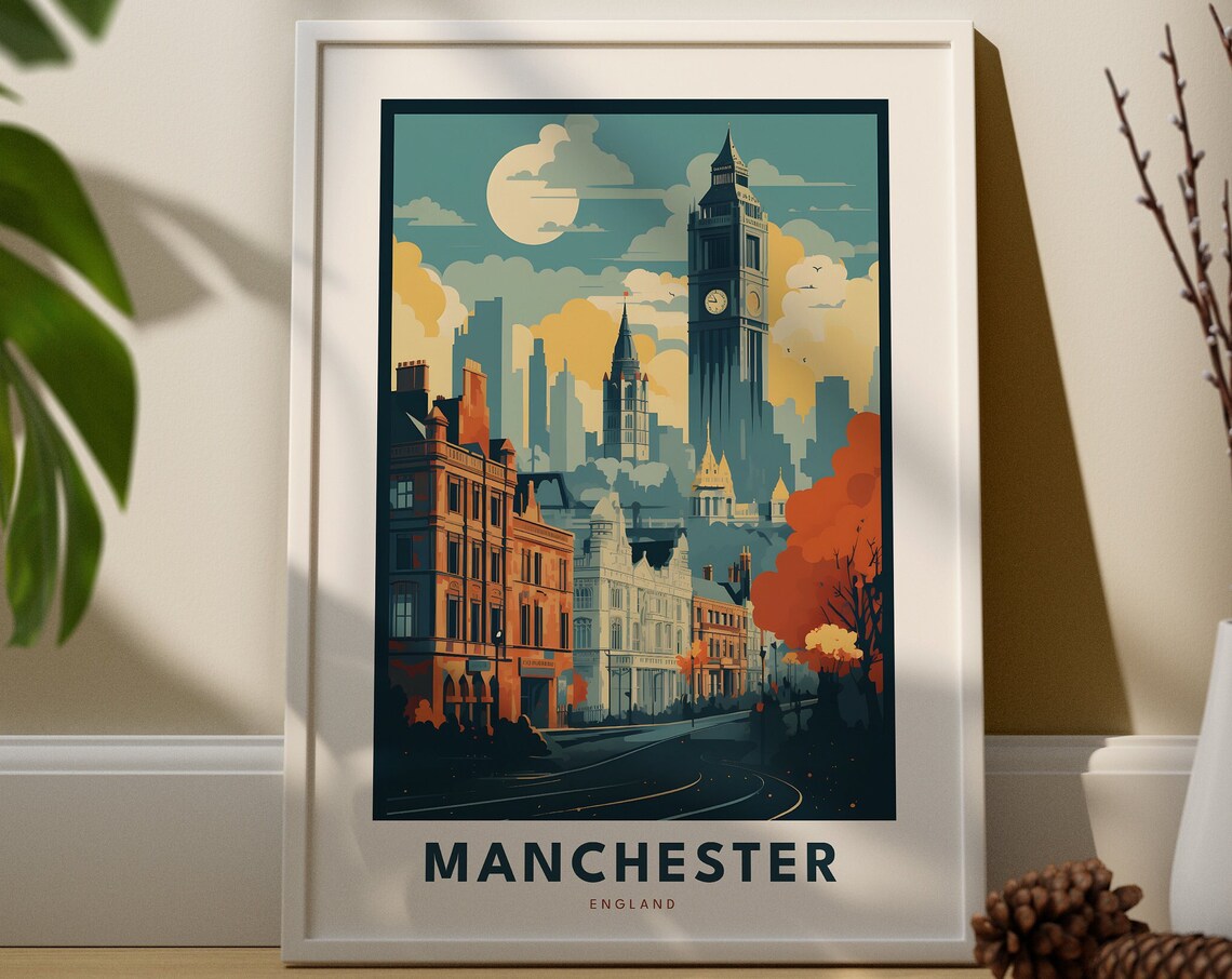 Manchester England Vintage Skyline Retro City Street Scene Travel Poster
