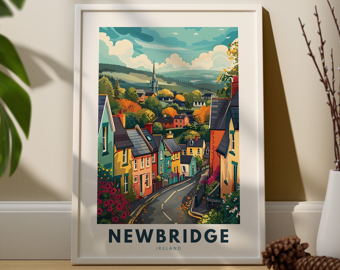 Newbridge Ireland Colorful Village Street Hill Church Travel Poster