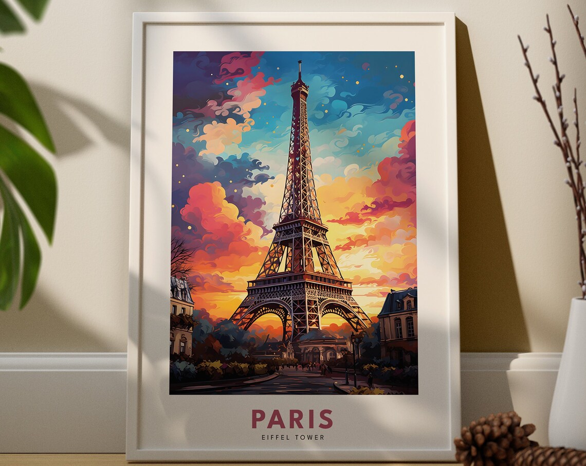 Paris Eiffel Tower Sunset Travel Poster Colorful Skyline Landmark Art