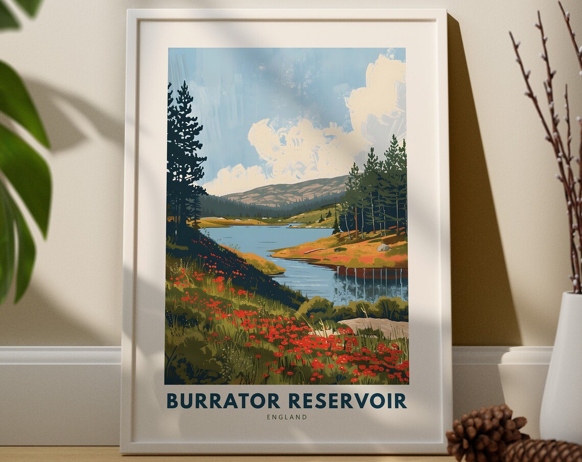 Burrator Reservoir England Travel Poster Serene Lake Pine Landscape