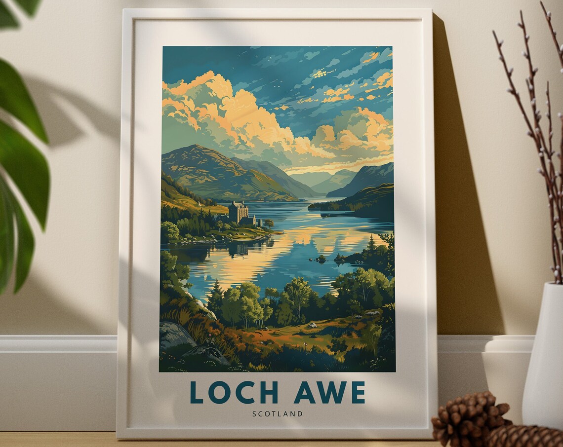 Loch Awe Scotland Castle Lake Mountain Sunset Reflections Travel Poster