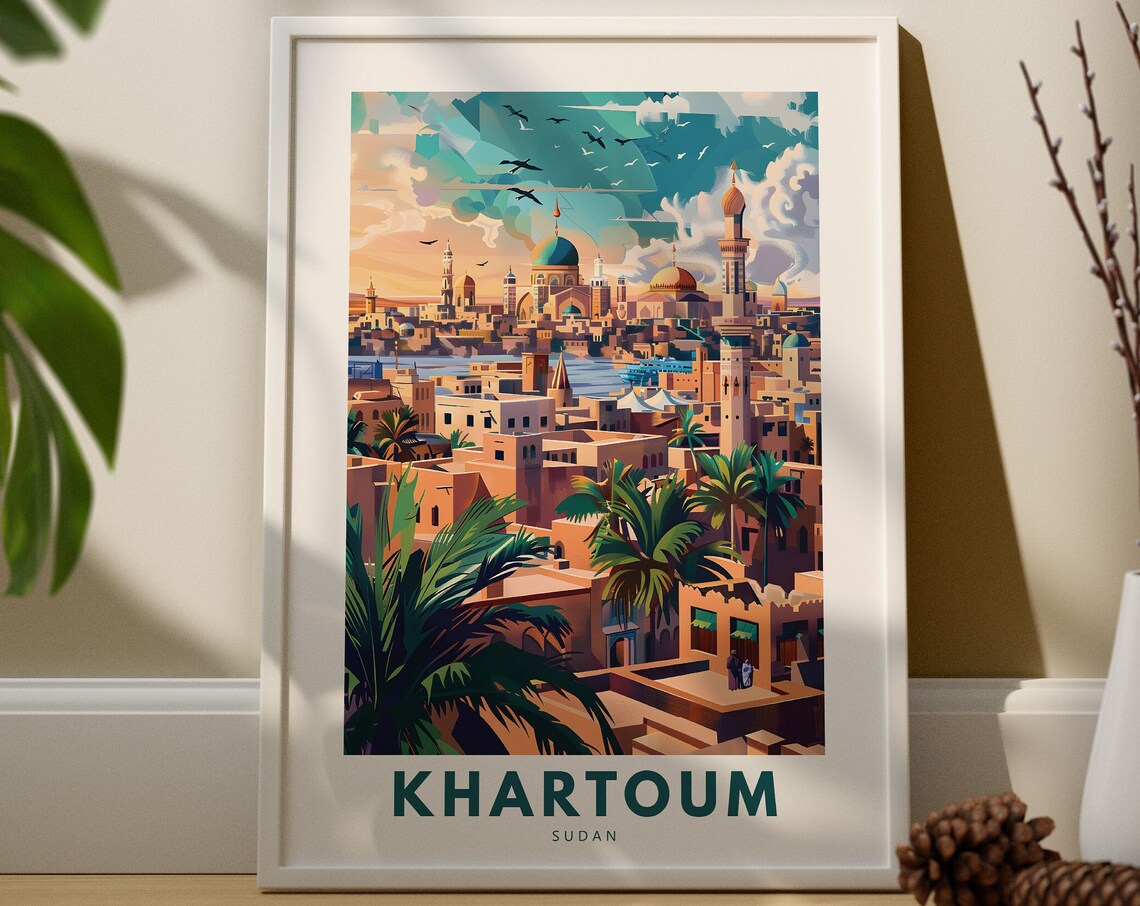 Khartoum Sudan Travel Poster with City Mosques and Palm Trees