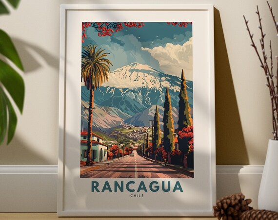 Rancagua Chile Tree Lined Avenue Mountain View Retro Travel Poster