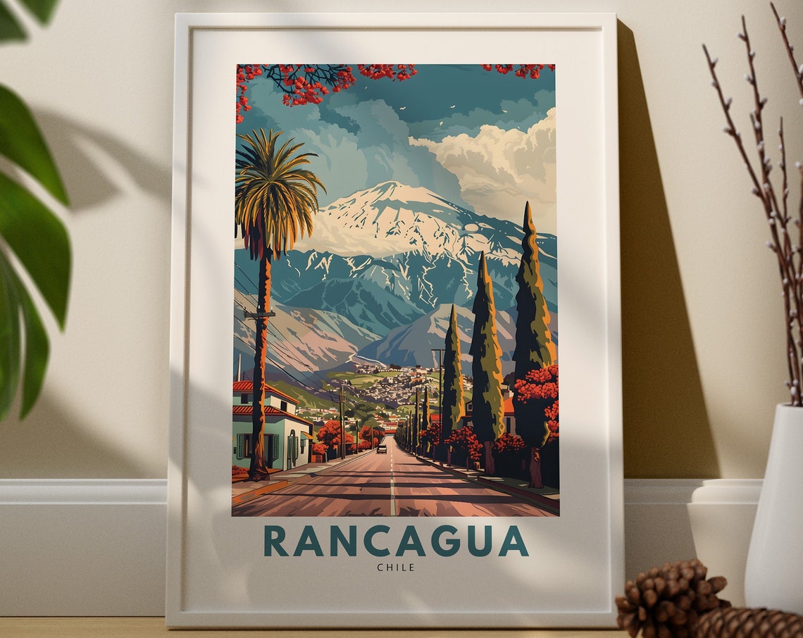 Rancagua Chile Tree Lined Avenue Mountain View Retro Travel Poster