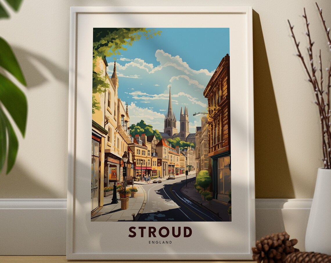 Stroud England Vintage Sunny Town Street Church Spires Travel Poster