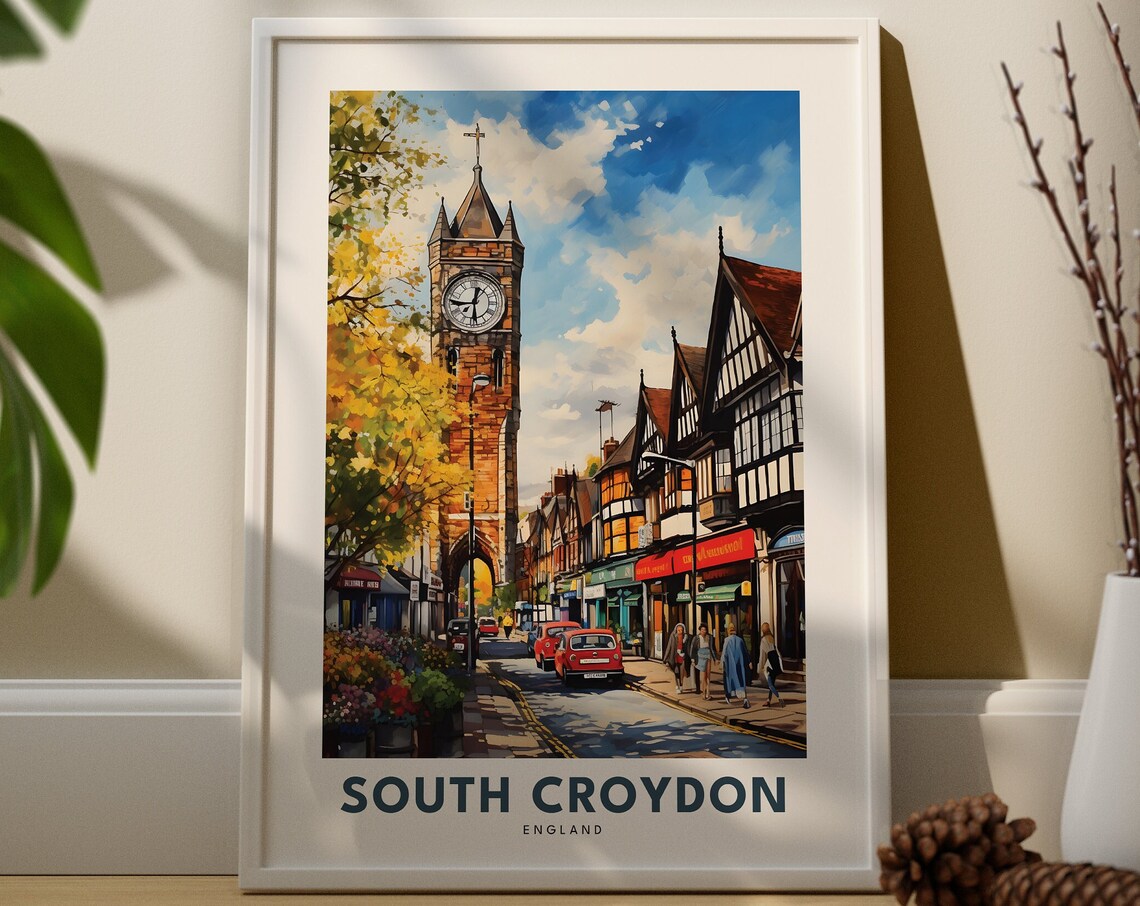 South Croydon England Travel Poster Clock Tower Tudor Street Scene