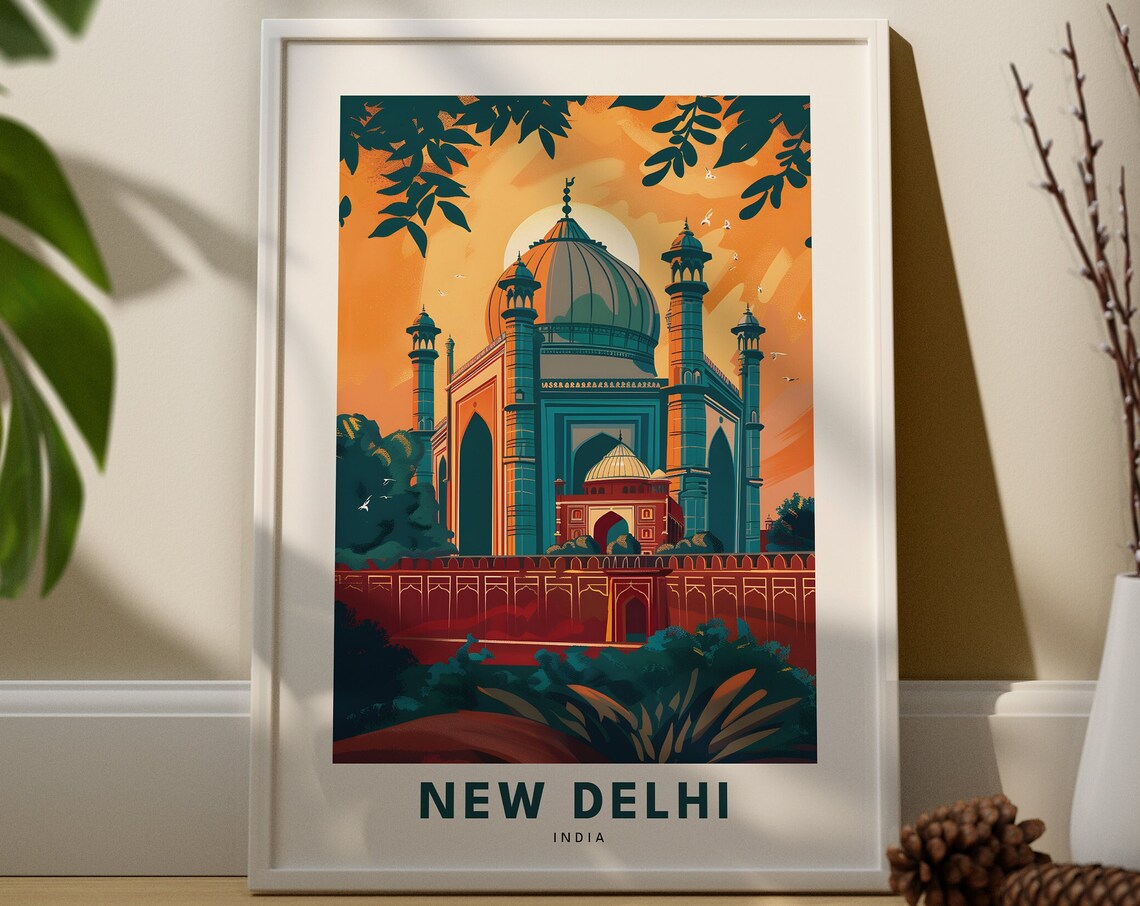 New Delhi India Travel Poster Sunset Mosque Landmark Heritage City Art