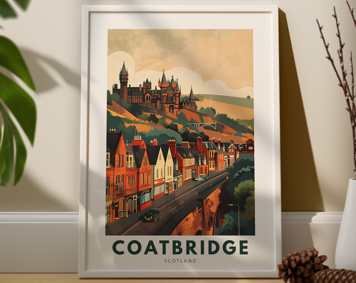 Coatbridge Scotland Vintage Travel Town on Hill Scenic Print