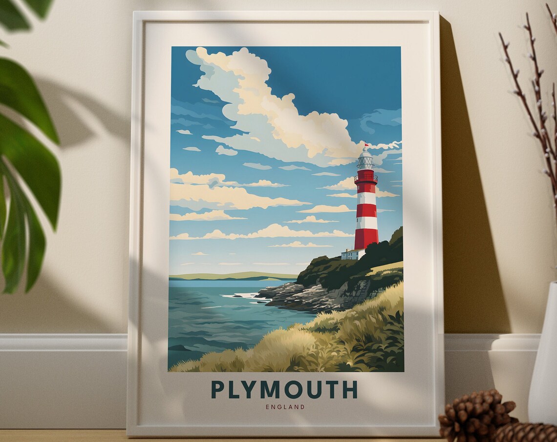 Plymouth England Red White Lighthouse Coastal Cliffs Ocean Travel Poster