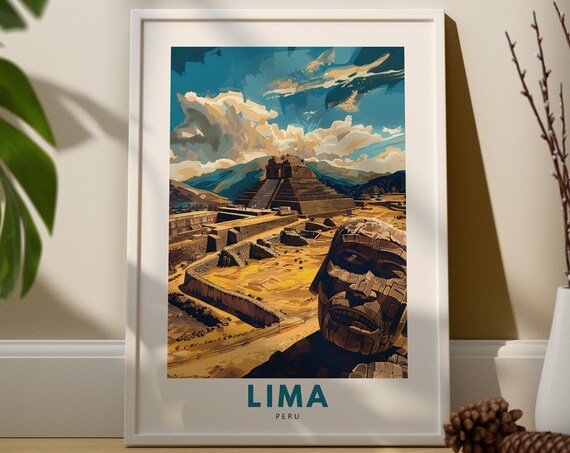 Lima Peru Ancient Pyramid Ruins Blue Sky Vintage Travel Poster