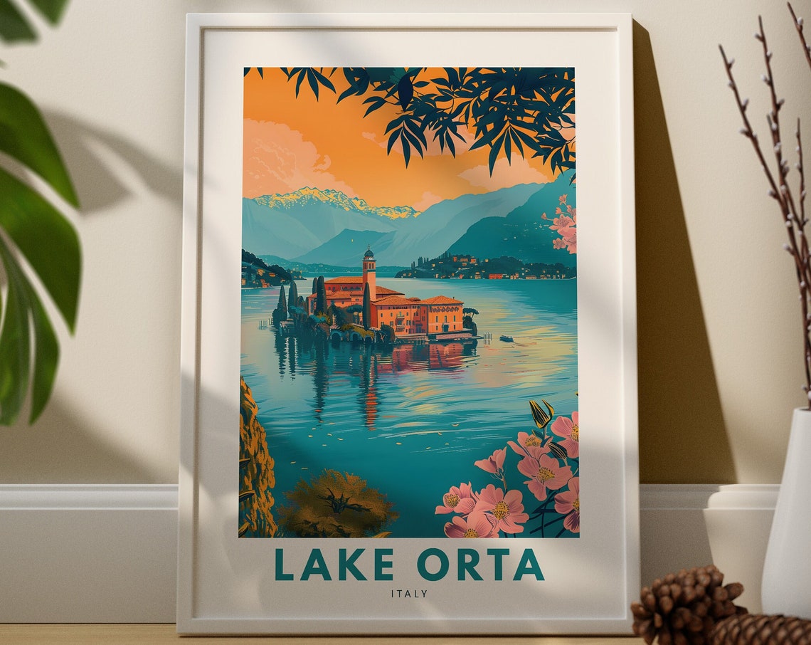 Lake Orta Italy Sunset Travel Poster Vintage Italian Lake Artwork