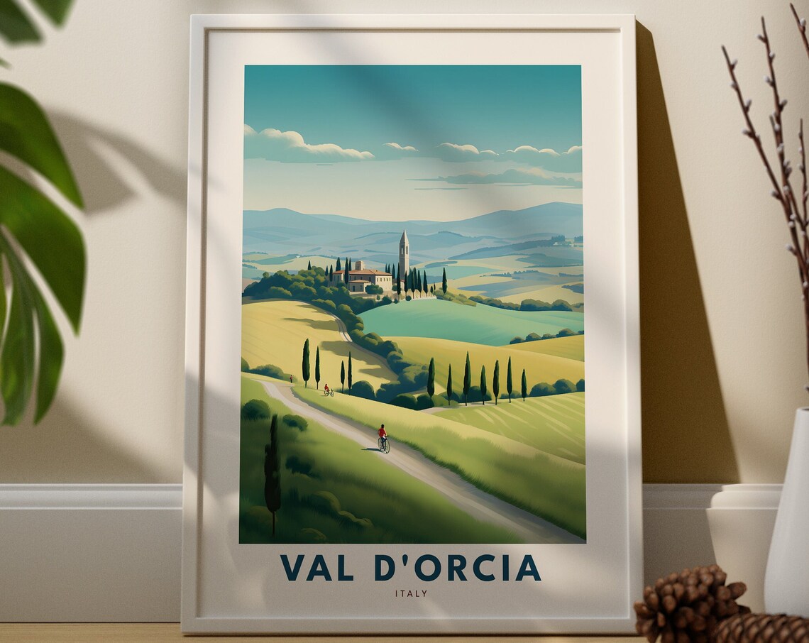 Val d'Orcia Italy Tuscan Rolling Hills Cypress Cyclist Travel Poster