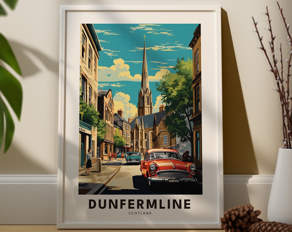 Dunfermline Scotland Travel Poster Historic Street Classic Red Car Art
