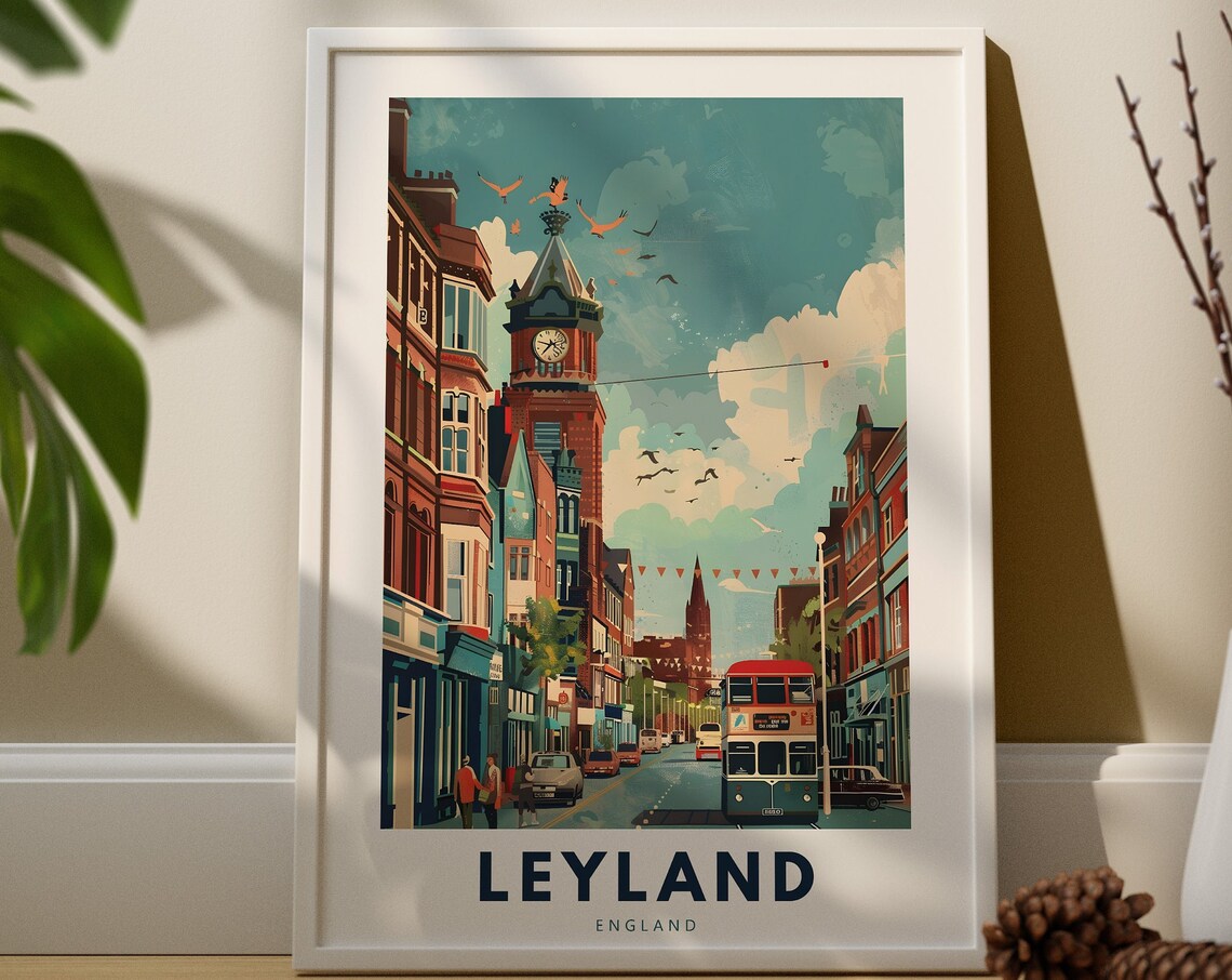 Leyland England Town Street Clock Tower Bus Modern Travel Poster