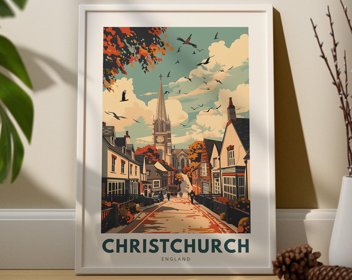 Christchurch England Travel Poster Church Spire Street Vintage Scene