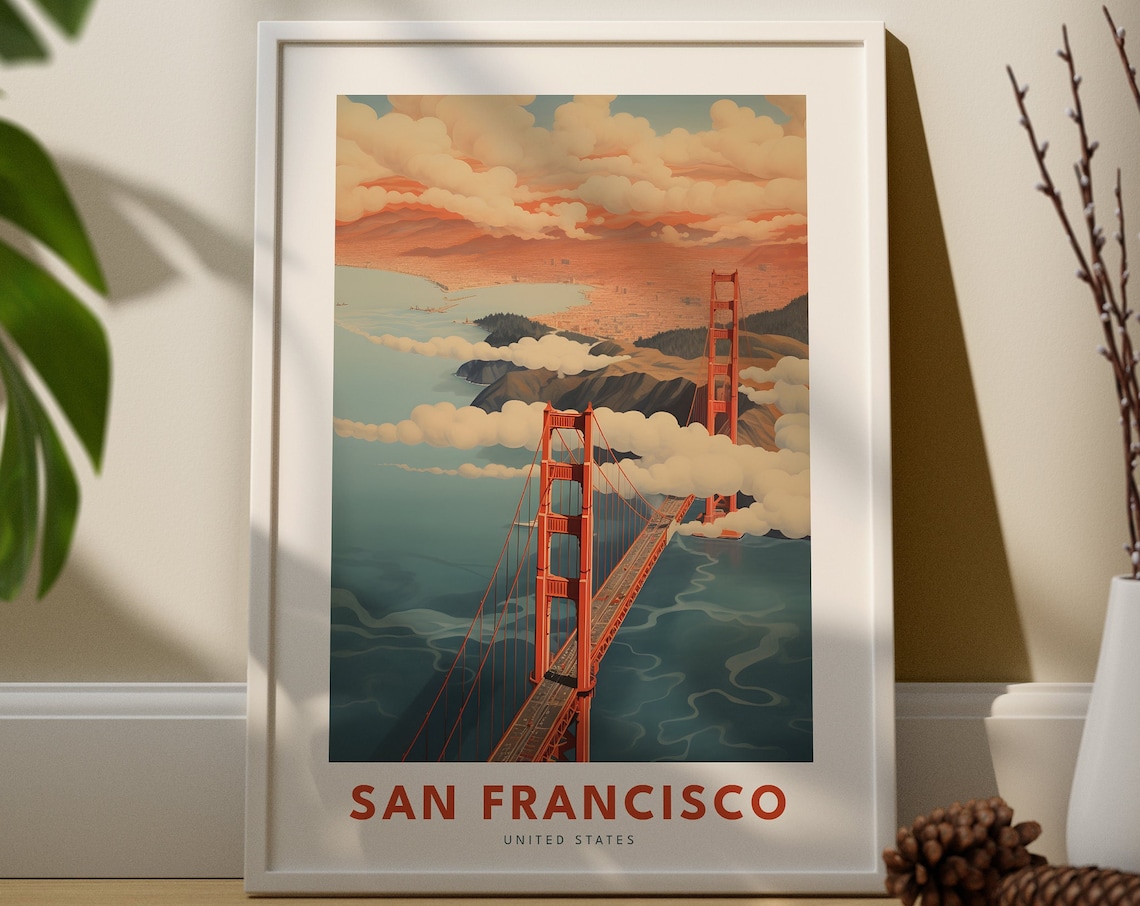 San Francisco Travel Poster Golden Gate Bridge Clouds Sunset View