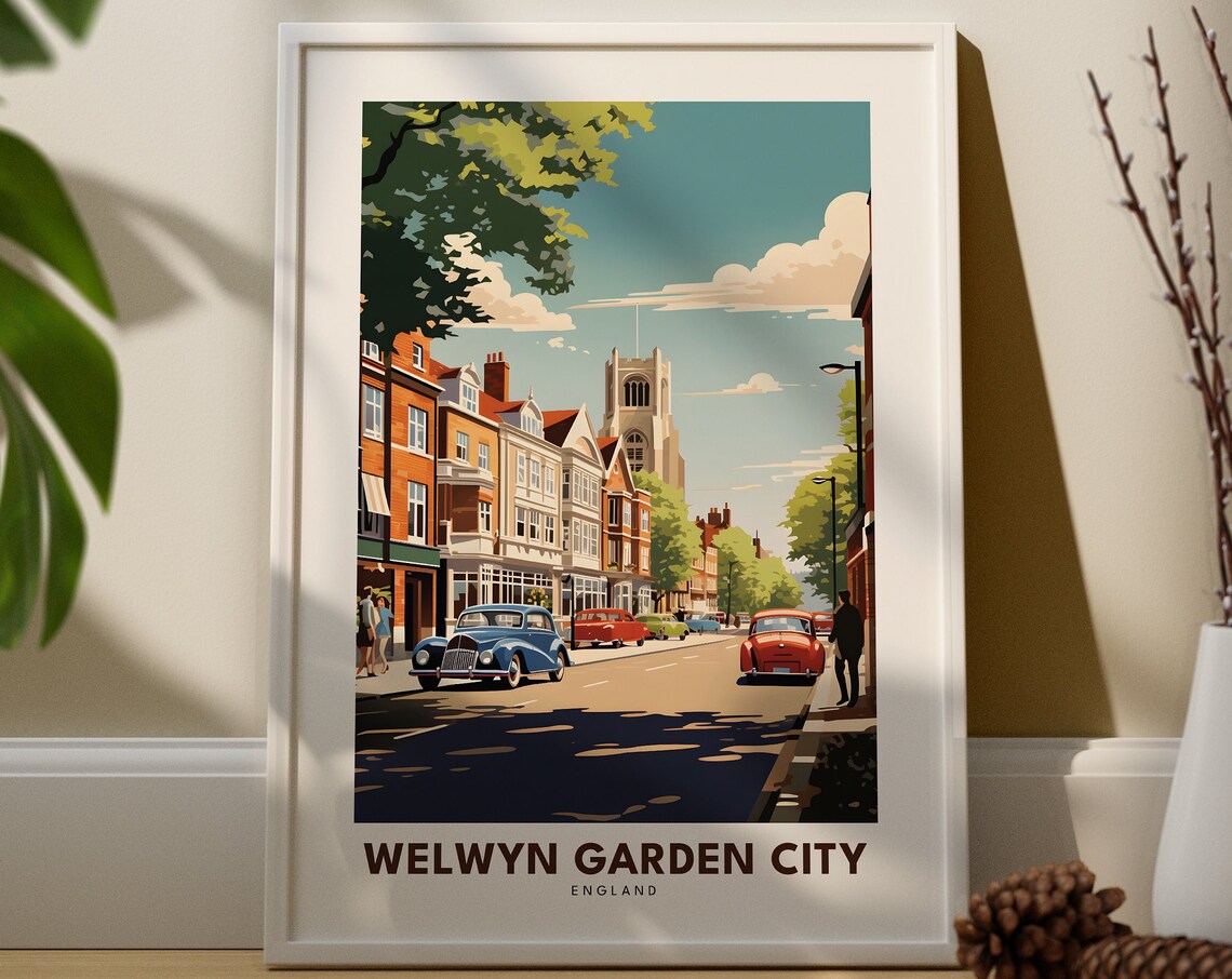 Welwyn Garden City England Classic Cars Street Travel Poster