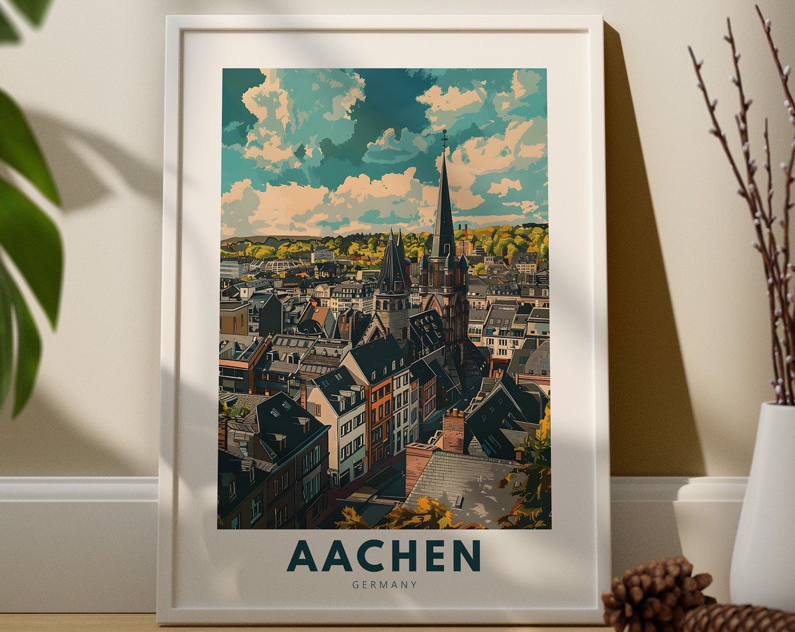 Aachen Germany Vintage Travel Poster Cathedral Spires Old Town Art