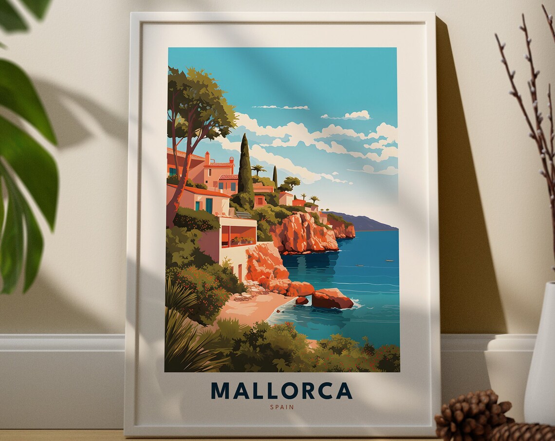 Mallorca Spain Red Cliff Villa Beach Turquoise Sea Vintage Travel Poster