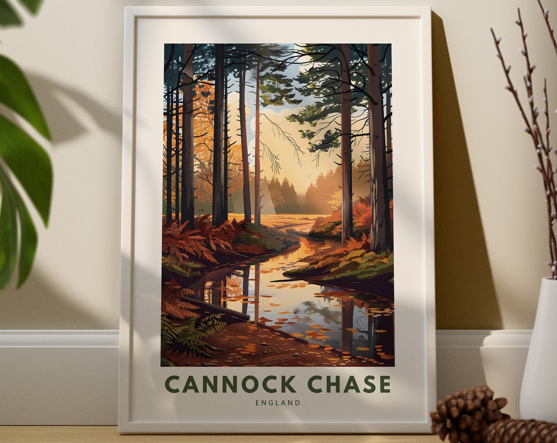 Cannock Chase England Travel Poster Of Autumn Forest And Still Stream
