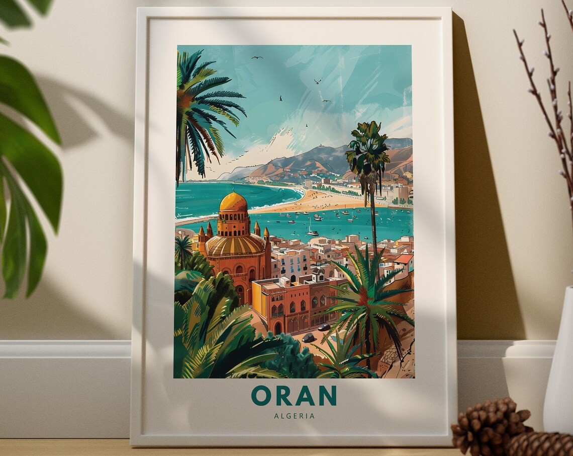 Oran Algeria Golden Coastal Bay Vintage Travel Poster Palm Trees